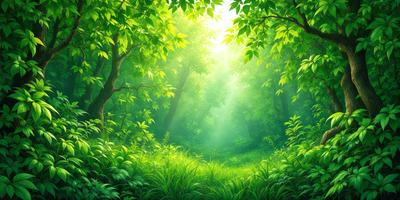 Primary subject: A lush green forest with tall trees and bright sunlight.

Setting/background: The forest is filled with trees and grass, creating a serene and natural environment.

Visual style: The image is a digital art or illustration, showcasing the beauty of the forest.

Colors and mood: The dominant colors are green, representing the lush vegetation, and yellow, representing the bright sunlight. The overall atmosphere is calm, serene, and inviting.